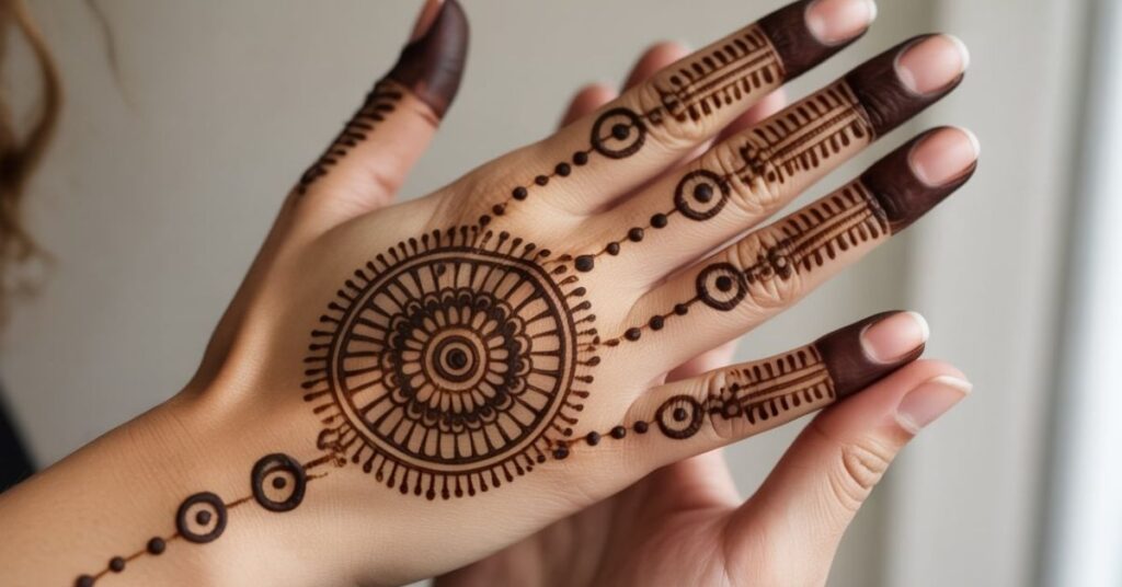 80+ Stylish & Easy Royal Finger Mehendi Designs for Front and Back 104 A Mandala-Inspired Finger Mehndi Design