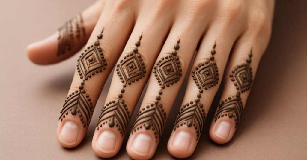 80+ Stylish & Easy Royal Finger Mehendi Designs for Front and Back 76 Decorated Diamonds Finger Mehndi Designs