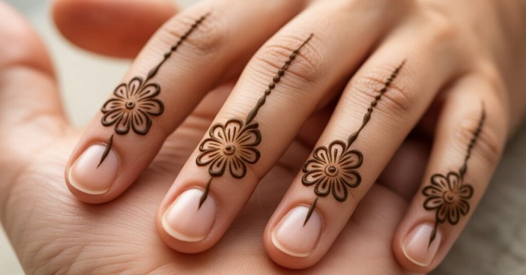 80+ Stylish & Easy Royal Finger Mehendi Designs for Front and Back 36 Fingertip Flowers with Lines