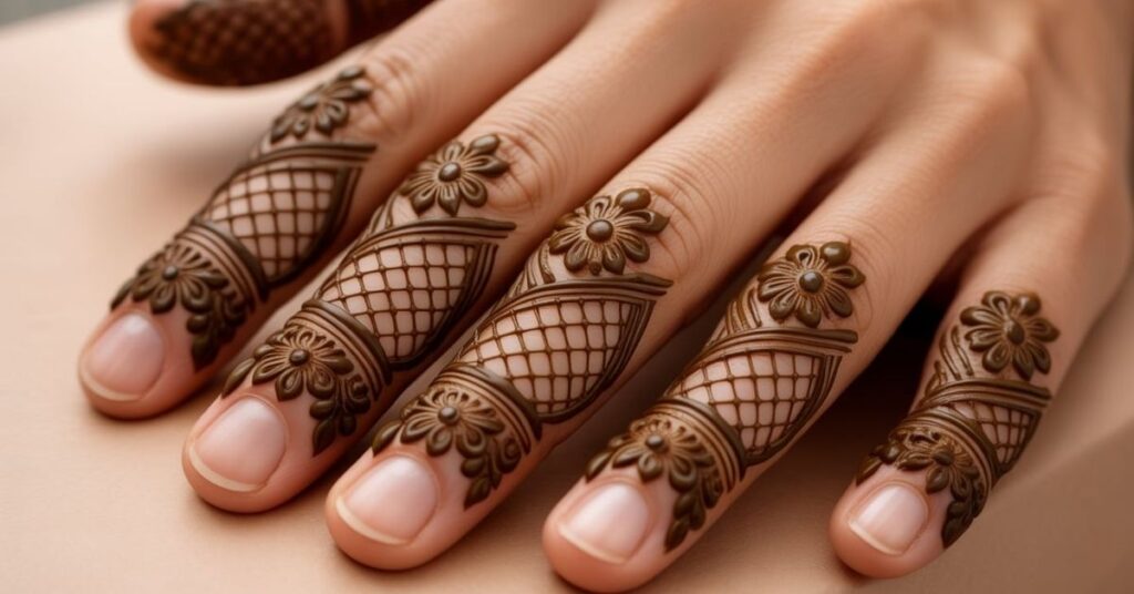 80+ Stylish & Easy Royal Finger Mehendi Designs for Front and Back 62 Floral Mesh Finger Mehndi Designs