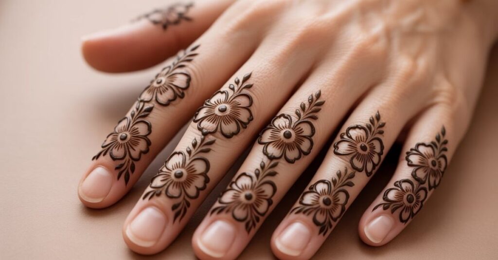 80+ Stylish & Easy Royal Finger Mehendi Designs for Front and Back 68 Flower Detailed Finger Mehndi Designs