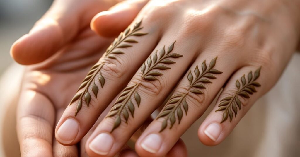 80+ Stylish & Easy Royal Finger Mehendi Designs for Front and Back 27 Leaf Finger Design