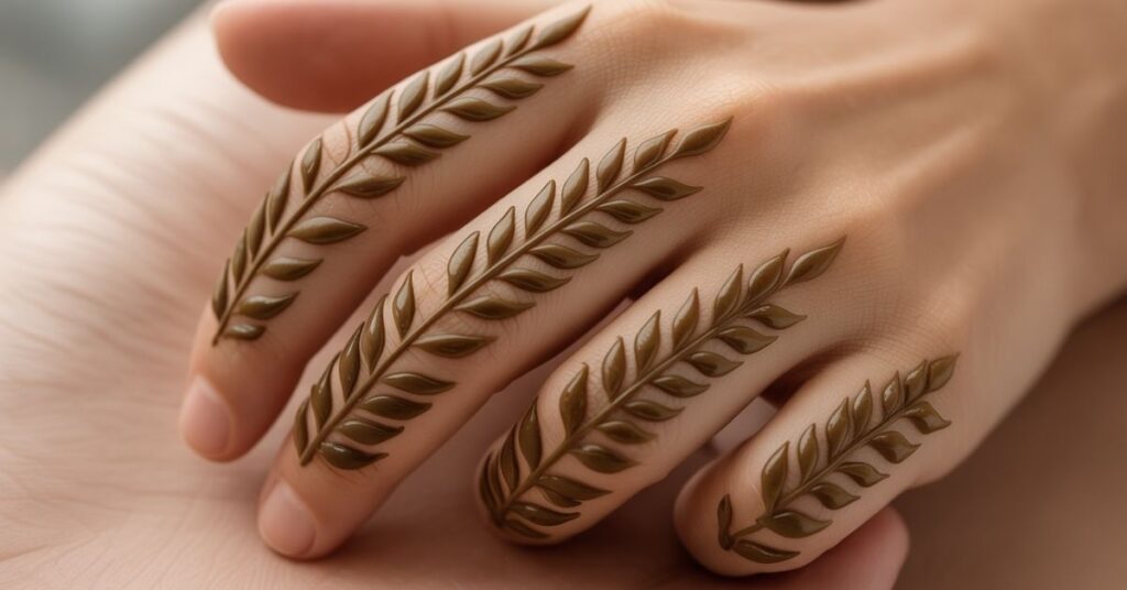 80+ Stylish & Easy Royal Finger Mehendi Designs for Front and Back 63 Leaf Shaped Finger Mehndi Designs