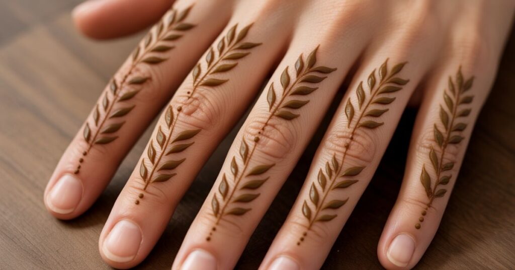 80+ Stylish & Easy Royal Finger Mehendi Designs for Front and Back 54 Leafy-Affair Finger Mehndi Designs