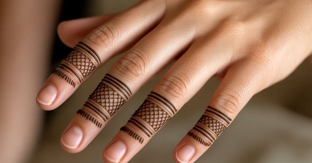 80+ Stylish & Easy Royal Finger Mehendi Designs for Front and Back 74 Mesh in Bands Finger Mehndi Designs
